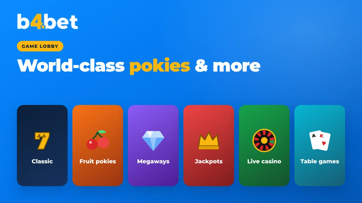 b4bet game lobby: classic pokies, fruit pokies, Megaways, jackpots, live casino and table games